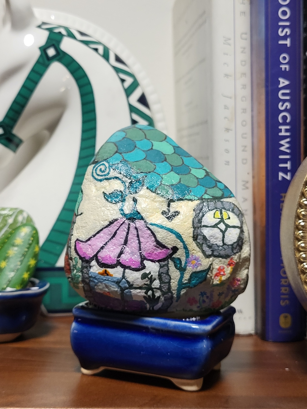 Painted Decorative Rock Art - Fairy House In Turquoise, Purple, Cream